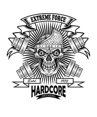 GYM skull vintage logo with barbel on white background-vector