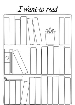 Vector illustration for printable with shelf and books on white background. Minimalist planner of reading for journal page, habit tracker, daily planner template, blank for notebook. A4 paper sheet.