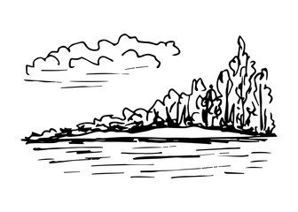 Hand-drawn ink vector drawing. Wildlife, sky with clouds, deciduous trees, bushes, calm river, lake shore. Landscape, nature, ecology, travel. For prints of cards, labels.