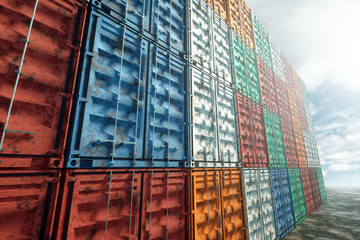 Sea containers against the sky, industrial port with containers, cargo containers. Logistics concept, fast delivery. 3D rendering, 3D visualization, 3D illustration.