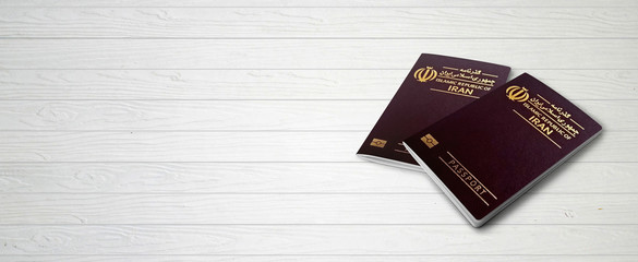 Iranian Passports on Wood Lines Bakcground Banner with Copy Space - 3D Illustration
