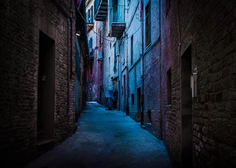 Printed roller blinds Narrow Alley An atmospheric, narrow, back alley painted with blue and magenta light taken in Recanati, Macerata, Italy