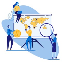 Informational Poster Target Audience Search Flat. Activities for Promotion and Advertising Goods and Services. Girl is Sitting on World Map, Woman is Looking Through Large Magnifying Glass.