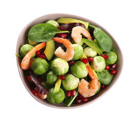Tasty salad with Brussels sprouts in bowl isolated on white, top view