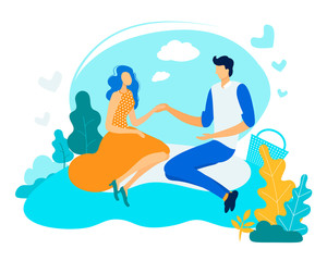 Obraz na płótnie Canvas Informative Flyer Man with Woman on Picnic Flat. Woman Talking fo Long Time with her Partner. Husband and Wife Hold Hands Sitting in Clearing on Picnic Cartoon. Vector Illustration.
