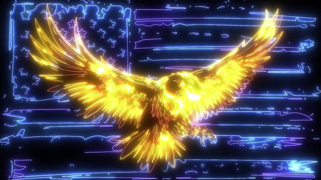 digital animation of a eagle with american flag that lighting up on neon style
