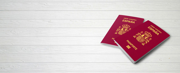 Spanish Passports on Wood Lines Bakcground Banner with Copy Space - 3D Illustration