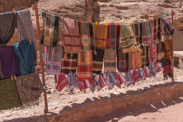 Colorful head scarves, arabic fabric. Products, souvenirs for tourists in Petra, Jordan