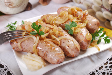 traditional easter white sausage baked with onion