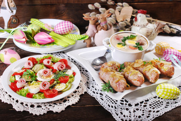 traditional easter sausage with onion white borscht and salad