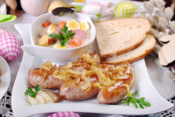 traditional easter sausage with onion and white borscht