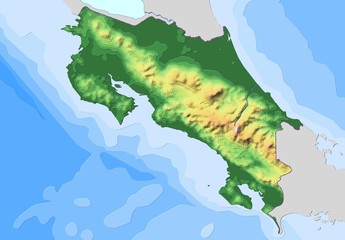 Map of Costa Rica with illuminated terrain contours.
