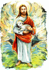 Fototapeta na wymiar calm jesus messiah with the lamb and resurrection with nature background - illustration