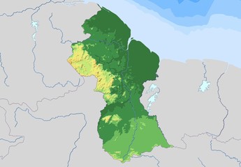 Map of Guyana with illuminated terrain contours.