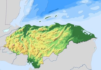 Map of Honduras with illuminated terrain contours.