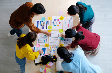 Brainstorm planing creative asian teamwork, Group of asia mobile phone app developer team meeting...