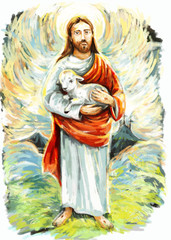 Fototapeta na wymiar calm jesus messiah with the lamb and resurrection with nature background - illustration