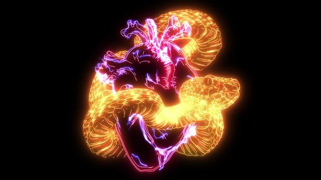 digital animation of a snake around heart that lighting up on neon style