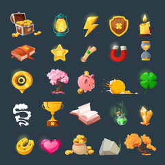 Set of various items for game user interface design. Cartoon magic items and resources for a fantasy game. © diluck