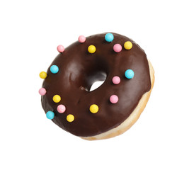 Sweet delicious glazed donut on white background