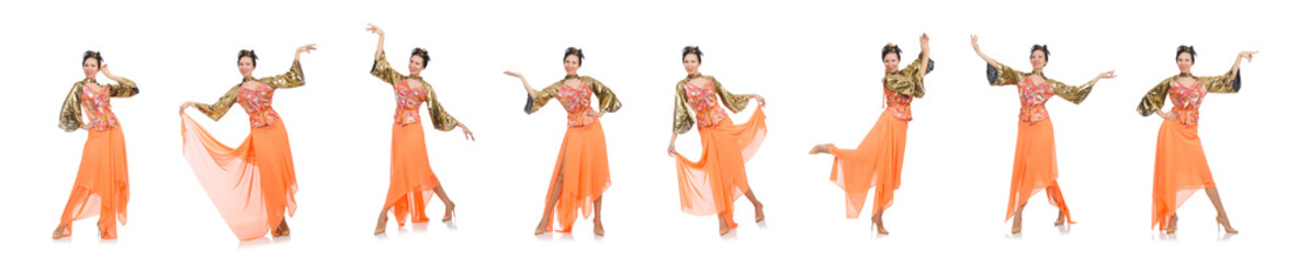 Woman in orange dress isolated on white