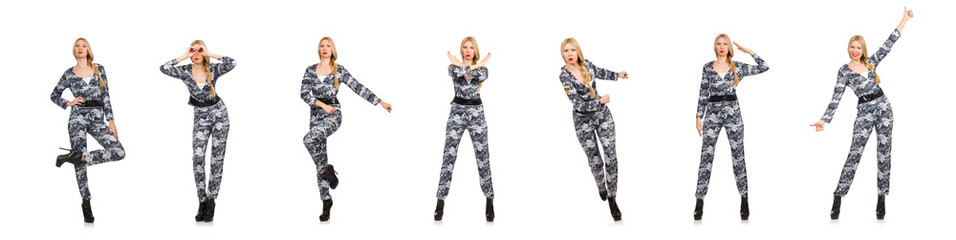 Woman soldier isolated on white