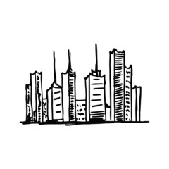 city landscape tall buildings sketch drawing on a white background