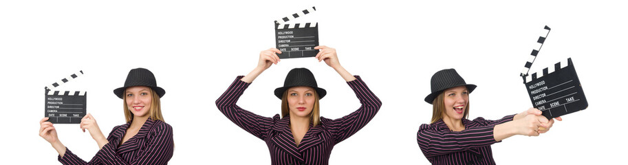 Woman with movie clapboard isolated on white