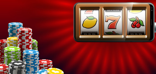 Fototapeta premium Illustration banner of mobile online casino application with 777 big win slot machine. Realistic advertising poster with online mobile app casino and Jackpot 777. Play now in One Armed Bandit banner