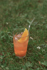 cocktail with orange juice and a slice of orange with a straw