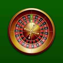 Vector classic European roulette placed on an endless green surface. Red & Black Betting casino squares. Winning money. Losing at gambling. classic casino roulette and green table.