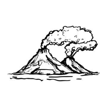 volcanoes erupt smoke mountains sketch drawing on a white background