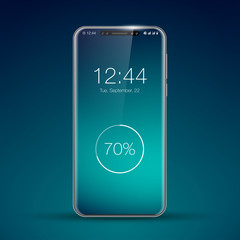 Fototapeta na wymiar model of a new frameless smartphone concept. New technologies realistic Mobile phone. Smartphone icon Isolated on a blue background. Phone Design Template for Mock Up