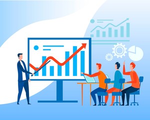 Team Leader and Employees Discuss Social Network. Boss Stand by Huge Monitor with Graphs and Charts and REporting. Staff at Tables Making Statistics Analysis. Vector Conference Room Illustration