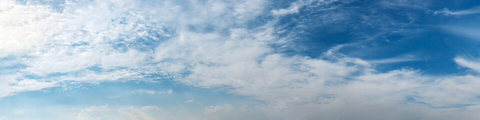 Panorama sky with beautiful cloud on a sunny day. Panoramic high resolution image.