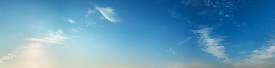 Panorama sky with beautiful cloud on a sunny day. Panoramic high resolution image.