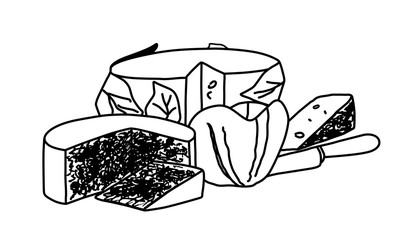 Different types of traditional cheese. Cabrales, cheddar, Vidiago, Gamoneu, Afuegal`pitu and others. Asturias, Spain. Hand drawn sketch black and white vector illustration.