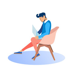 Stylish Man Working on Laptop Sitting in Red Armchair. Coworking Center. Vector Illustration. Workflow in Office. Project Work and Leisure. Man in Red Pants and Blue Sweater on Chair.