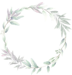 watercolor floral illustration foliage wreath greenery herbs round frame geometric natural light green stationery wedding romance delicate silky 