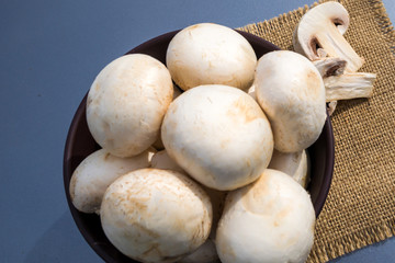 Many white mushrooms in a plate on a napkin.