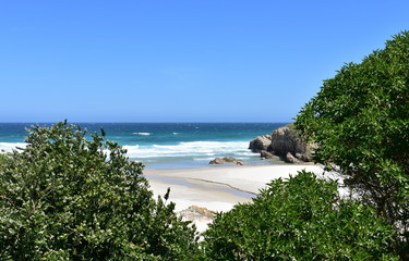Beach with trees, turquoise sea with waves, cliff and blue sky. Viveiro, Lugo, Galicia, Spain.