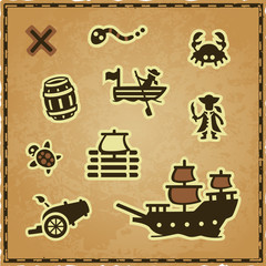 Vector set of pirate map icons on a worn parchment paper background with a frame. Includes: hidden treasure sign, snake, crab, pirate in a boat, turtle, canon, galleon, raft with sail, corsair. 