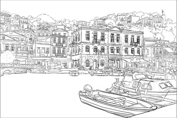 Vector drawing of the town Symi, Greece with boats and buildings in the harbor