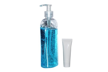 Alcohol gel Sanitizer hand gel cleaners and alcohol for anti Bacteria and virus on White Background, People using alcohol gel to wash hands to prevent COVID-19 virus.