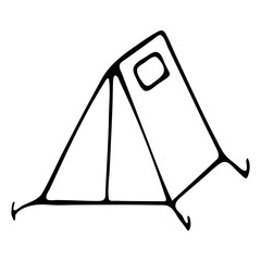 Vector hand-drawn illustration of a camping tent on an isolated white background, black outline. Nature, recreation, Hiking, camping, black and white Doodle.Hand- painted design for web, leaflets.
