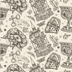 Middle age seamless pattern. Traditional tattooing style. Medieval style. Old school tattoo. Warrior crusader, sacred holy grail, ancient castle, occult hands, all seeing eye, sword and arrows