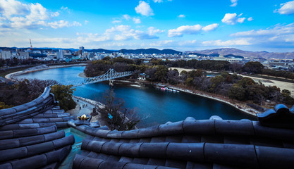 Panoramic View to the Okayama City from the Tower Roof of the Castle, Japan