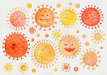 Watercolor set of cartoon looking covid-19 virus isolated on white 