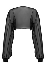 Subject shot of a black translucent bolero with long sleeves. The short jacket is isolated on the white backdrop.  - obrazy, fototapety, plakaty