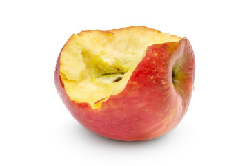 Bitten red apple on white.